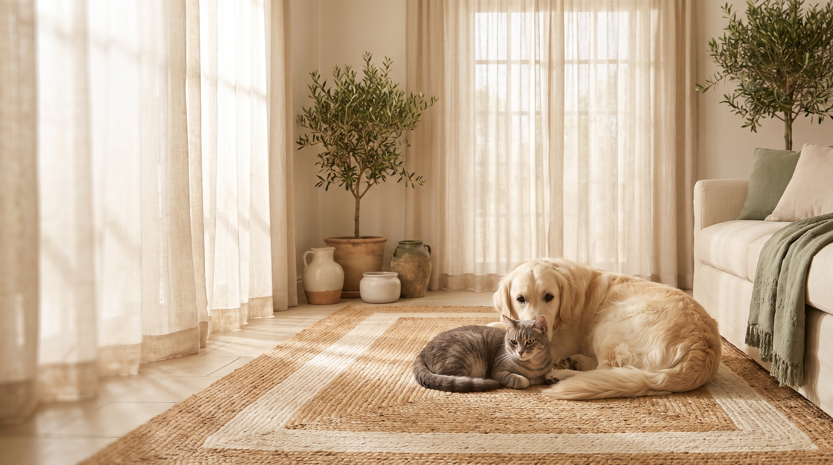 Perro y gato descansando juntos en un salón luminoso — Zarpa Natural